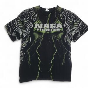 Y2K NAGA Fighter Graphic Tshirt Medium AOP Tribal Cobra Black MMA Grunge Vintage